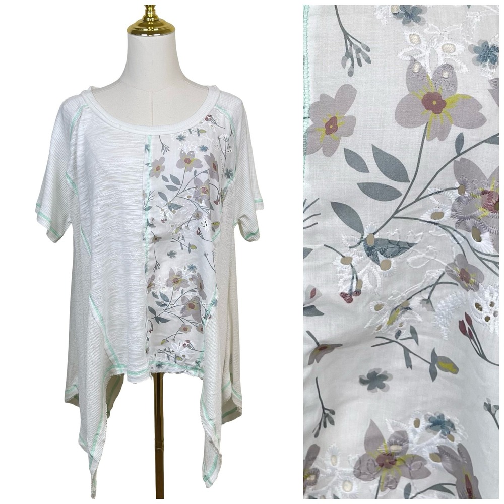 POL Floral Mixed Media Tunic Top Women M White Embroidered Sharkbite‎ Hem Bohi